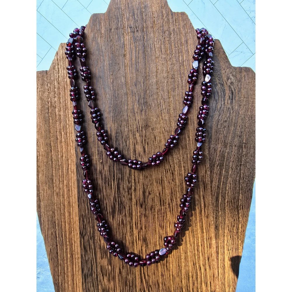 Vintage QVC Garnet Red Beaded Long Strand Necklace Continuous Loop Opera 34 Inch